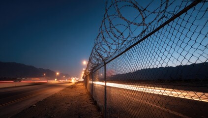 Nighttime Highway and Fence