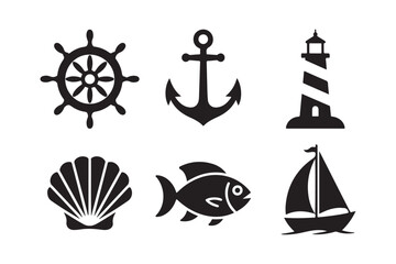 Nautical icons collection featuring a ship wheel anchor lighthouse fish and sailboat