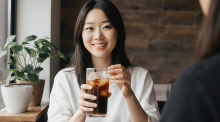 Woman enjoying iced coffee in a cozy cafe with greenery and wooden decor during a sunny afternoon