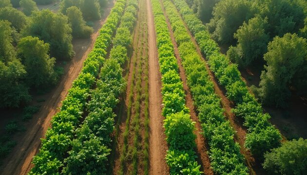 Aerial view of diverse agroforestry system, integrating trees, shrubs, crops in rows. Rich green vegetation thrives under bright daylight, suggesting healthy organic farm environment. Illustration