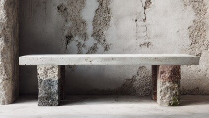 Modern concrete bench against a textured wall