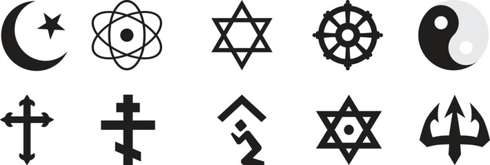 Religious and spiritual symbols collection including cross, star, crescent, yin yang, and dharma wheel. Sacred icon set for culture, belief, and tradition. Vector graphic sign illustrations.