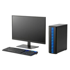 Fototapeta premium Modern desktop computer setup with sleek monitor stylish keyboard and tower design for contemporary workspaces and gaming experiences