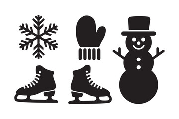 Winter icons snowflake mitten snowman and ice skates