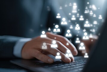 Person interacting with a digital interface; many profile icons float around