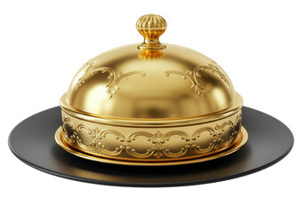 Isolated gold cloche on dark gray plate with ornate decorations in elegant style