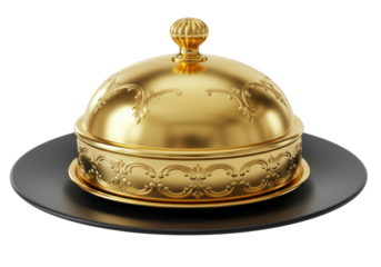 Isolated gold cloche on dark gray plate with ornate decorations in elegant style
