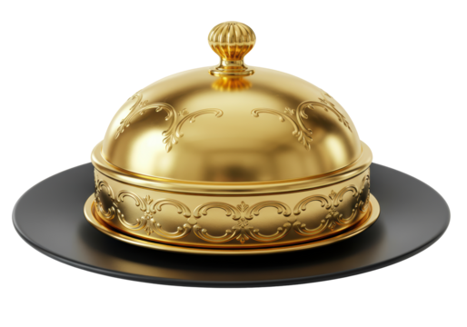 Isolated gold cloche on dark gray plate with ornate decorations in elegant style