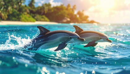 Fototapeta premium Two playful dolphins leap gracefully through a vibrant turquoise ocean, bathed in golden sunlight near a tropical island paradise.