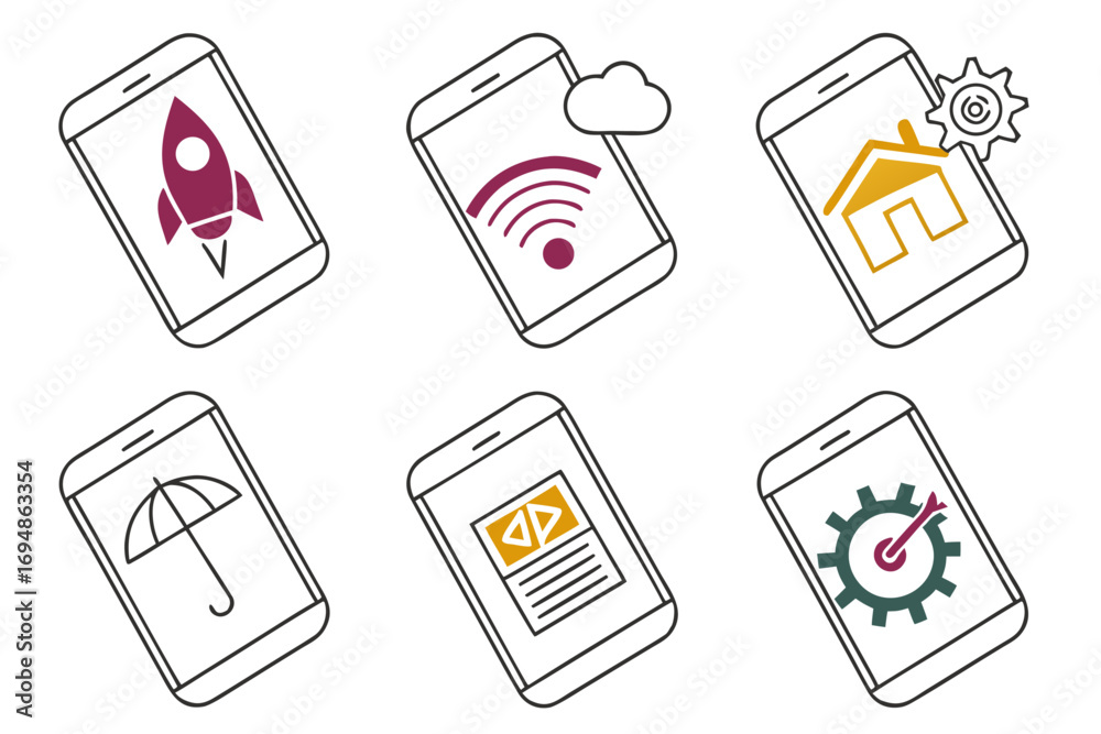Wall mural vector art of hand drawn icons representing various applications on a smartphone device