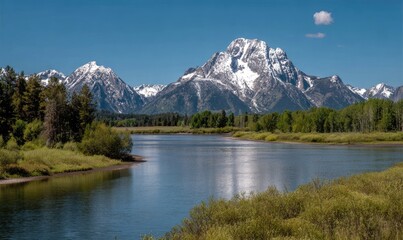 Majestic mountain range reflecting on a serene river