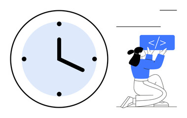 Large clock alongside a person holding a code panel highlights coding, deadlines, productivity, and focus. Ideal for coding, time management, project planning, teamwork, agile workflow productivity