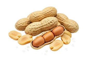 Isolated group of peanuts; raw, healthy snack with three nuts in a single shell