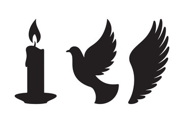 Silhouette of a lit candle a dove and wings on a white background
