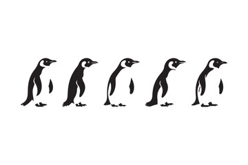 Naklejka premium Five black and white penguins standing in a row