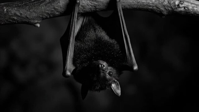 Black and White Vampire Bat Hanging - A black and white close-up shot of a vampire bat hanging upside down from a branch. The bat's fur is thick and dark, and its eyes are clearly visible.