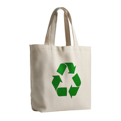 Natural canvas tote bag with green recycling symbol isolated on a transparent background beige