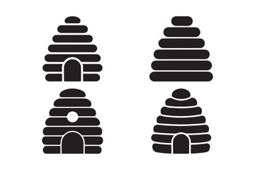 Four stylized black and white beehive silhouettes