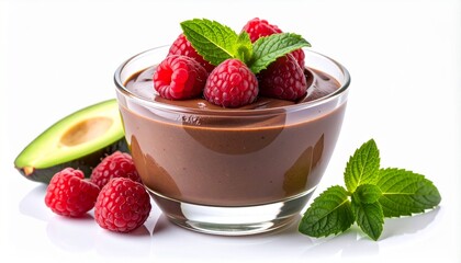 Decadent Chocolate Mousse Dessert with Fresh Raspberries and Mint Garnish