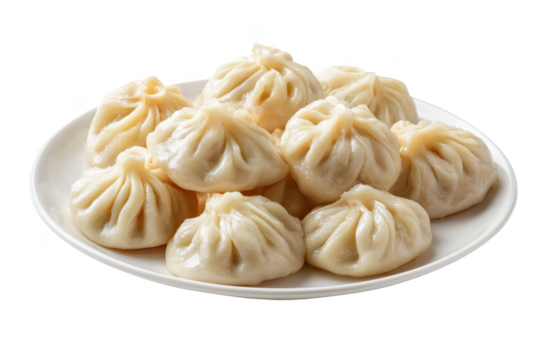 Plate of Steamed Dumplings with Pleated Tops isolated on a transparent background food asian
