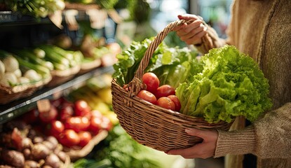 Woman holding a wicker basket of fresh vegetables in a grocery store