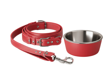 Red Leather Dog Collar Leash and Stainless Steel Bowl Set isolated on a transparent background image