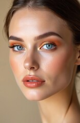 Close-up portrait features woman with vibrant blue eyes, warm-toned contour makeup. Flawless complexion highlights elegant beauty, natural style, feminine grace. Soft studio light, chic appearance.