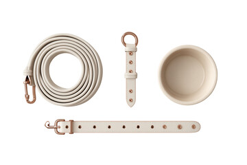 Rolled white leather dog leash collar and bowl with rose gold hardware isolated on a transparent background