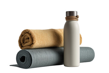 Rolled yoga mat with towel and reusable water bottle isolated on a transparent background image