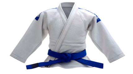 A white judogi with a blue belt isolated on transparent background.
