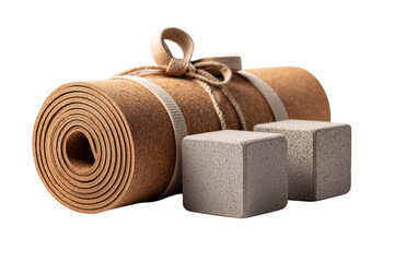 Rolled cork yoga mat with two textured grey yoga blocks isolated on a transparent background image