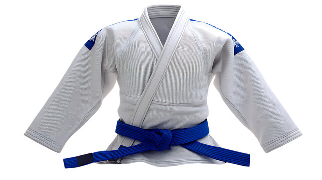 A white judogi with a blue belt isolated on transparent background.