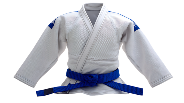 A white judogi with a blue belt isolated on transparent background.