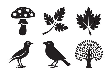 Black silhouette icons of nature elements and birds