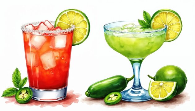 Watercolor illustration of summer cocktails spicy lime margarita in short, tall glasses with jalapeno pepper. Red, green drinks served with ice, lime slices, mint leaves, isolated on white background. - Powered by Adobe