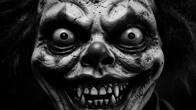 Close-up of a Terrifying Zombie Clown Mask - A detailed black and white close-up shot of a horrifying zombie clown mask, showcasing its grotesque features, including sharp teeth and wide, unsettling