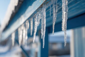 Icicles hanging from a blue roof