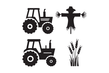 Farm icons featuring tractors scarecrow and wheat stalks