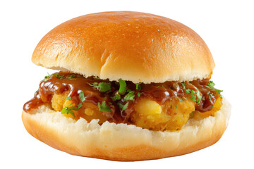 Savory potato filling with sauce and cilantro in a bun isolated on a transparent background food burger