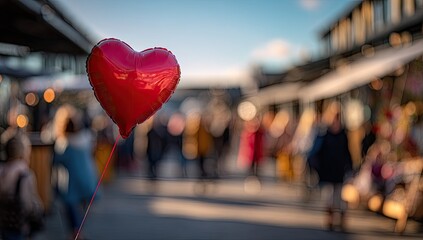 Red heart balloon in a busy outdoor market
