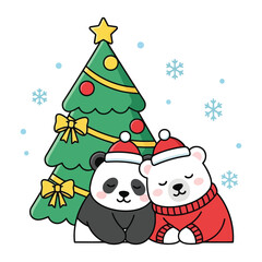Christmas Bears Illustration with Santa Hats, Sweater, and Decorated Tree – Festive Panda and Polar Bear Scene for Cards, Prints, and Seasonal Decor