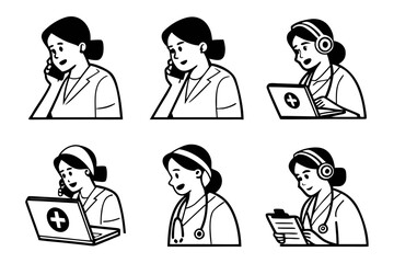 Vector art of set of six vector icons of a woman doctor