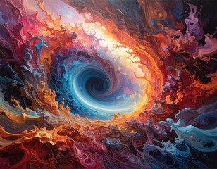 A vibrant abstract painting depicts a swirling vortex of cosmic colors, evoking a sense of ethereal beauty and profound mystery.