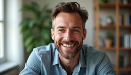Obraz premium Smiling corporate trainer with trimmed beard enjoys video session at home. Professional male portrait shows friendly engagement via webcam, using technology for remote coaching, communication.