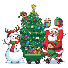 Christmas Scene with Santa Claus, Elves, Snowman, Gift Cart, and Decorated Tree – Festive Holiday Illustration for Cards, Prints, and Seasonal Decor