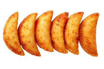 Six golden fried empanadas arranged in a row isolated on a transparent background pastry