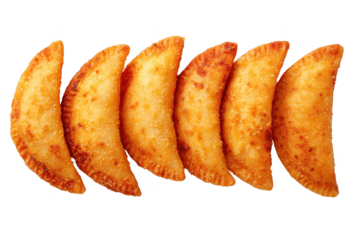 Six golden fried empanadas arranged in a row isolated on a transparent background pastry