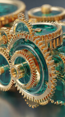 Close-up of interlocking gold and teal gears in industrial machinery, highlighting mechanical precision, metallic textures, and engineering details.