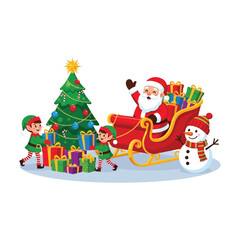 Christmas Scene with Santa Claus, Elves, Snowman, Sleigh, and Decorated Tree – Joyful Holiday Illustration with Gifts and Ornaments for Cards and Decor