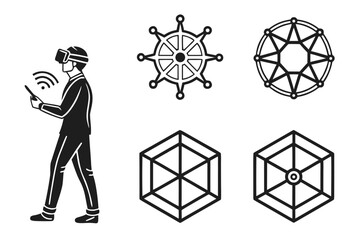 Vector art of man in vr glasses with tablet and abstract geometric shapes